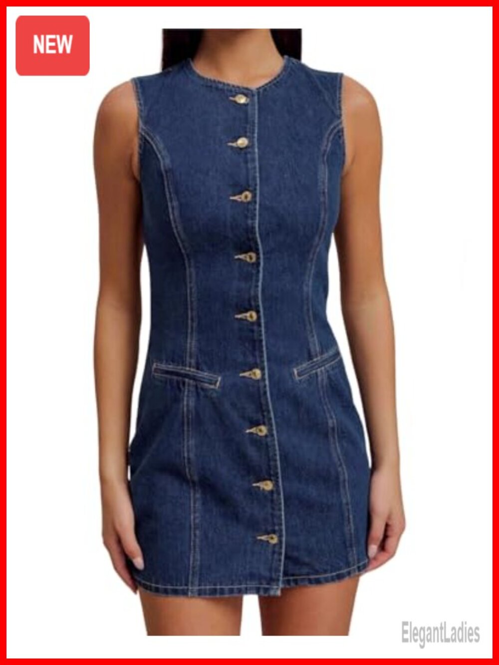 Stretchy Denim Mini Dress Sleeveless Crewneck Button Up Bodycon Casual